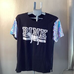 Pink Victorias Secret Black Sequin-Sleeve T-Shirt with dog